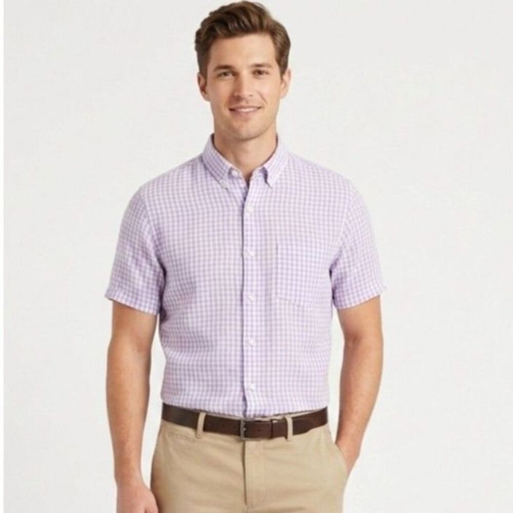 Banana Republic Men's Lavender White Linen Gingham SS Button-Down Shirt Size M